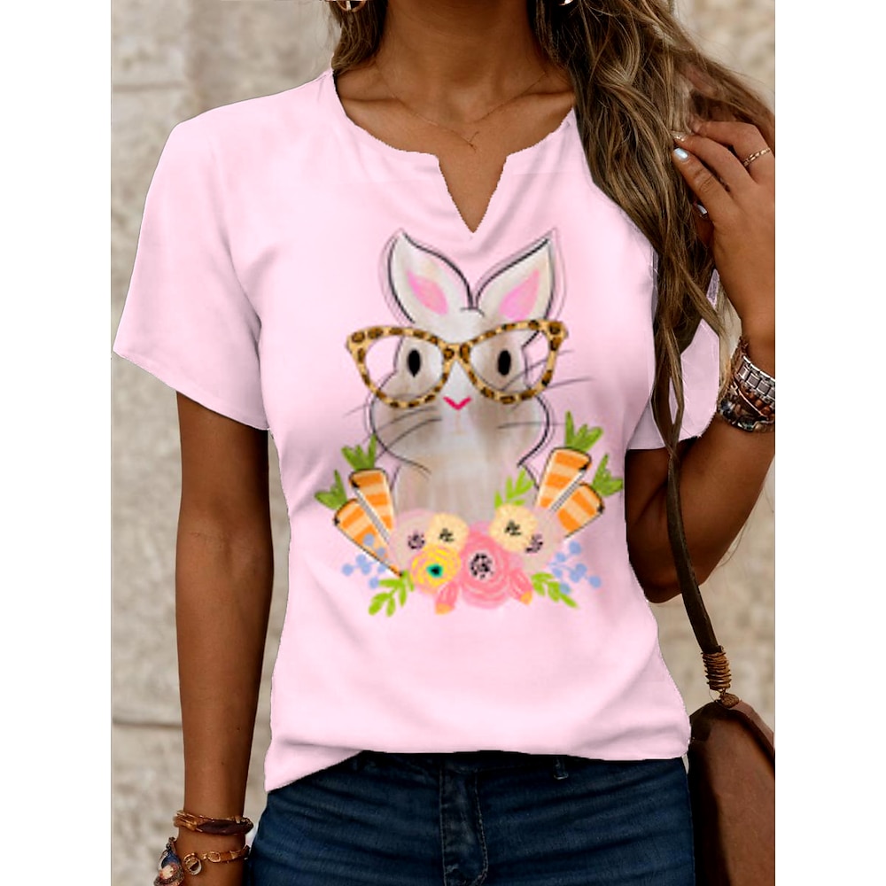 Ostern Damen T Shirt Blumen Graphic Tier Brautkleider schlicht Kurzarm Gekerbter Hals Normale Oberteile Täglich Bedruckt Rosa Sommer Frühling Lightinthebox