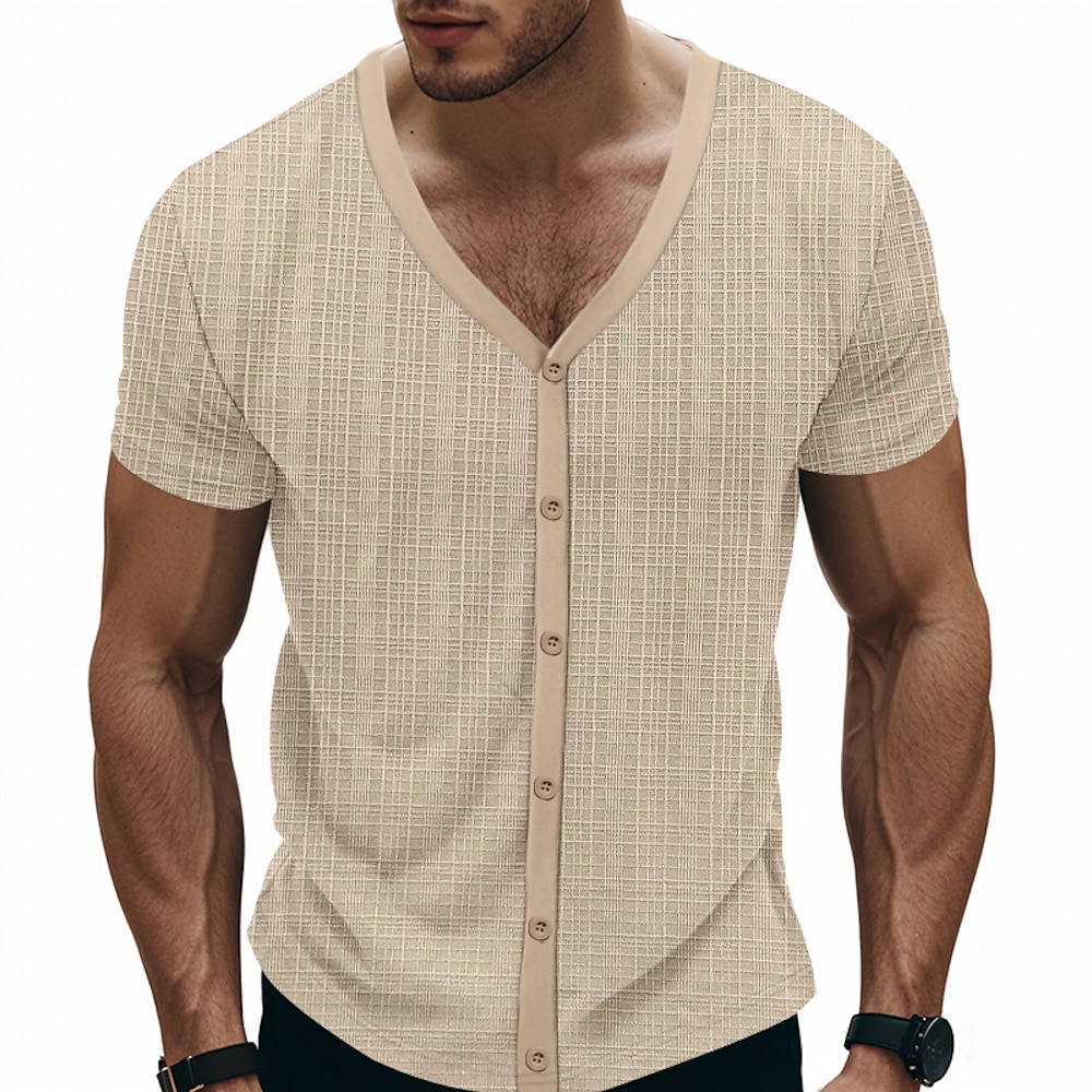 Herren Tee Kurzarm-Shirt T-Shirt Glatt V Ausschnitt Urlaub Strasse Kurzarm Schnalle Bekleidung Polyester Modisch Designer Lightinthebox