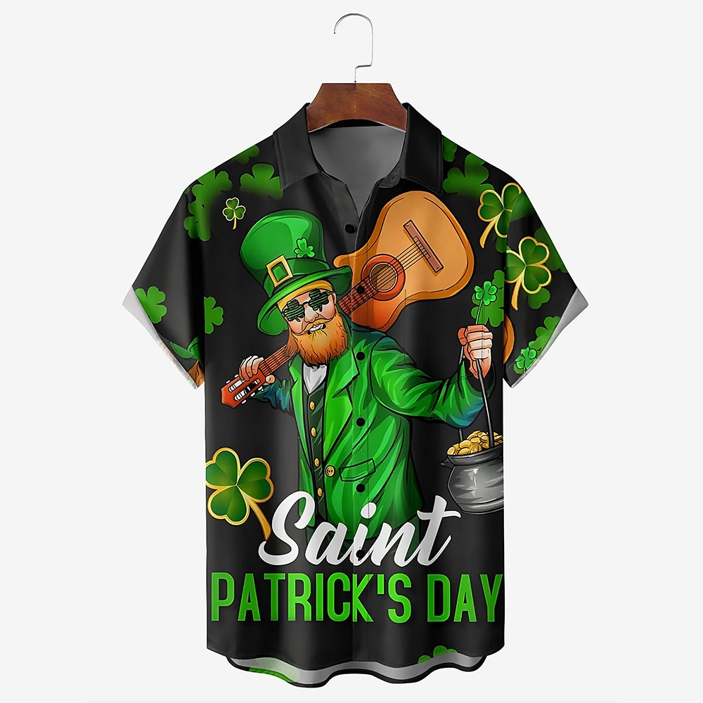 St. Patricks Day Herren Vierblättriges Kleeblatt Goldmünze Kobold Hemd Knopfhemd Kurzarm Vintage Urlaub Festtage Festival Sommer Frühling Umlegekragen Hemden mit Kragen Eine Tasche vorne Schwarz Lightinthebox