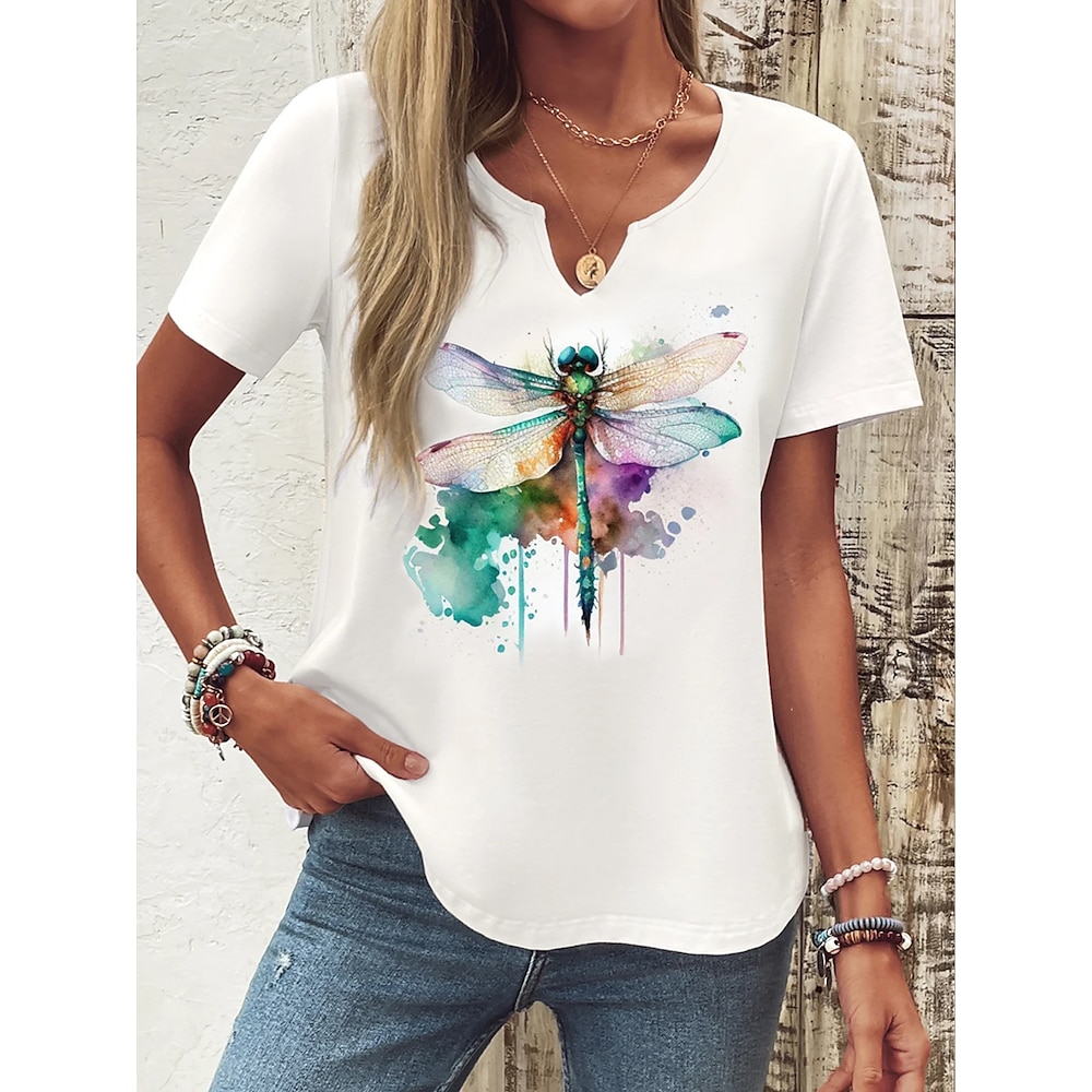 Damen T Shirt Blumen Brautkleider schlicht Kurzarm Gekerbter Hals Normale Oberteile Täglich Bedruckt Weiß Frühling Herbst Lightinthebox