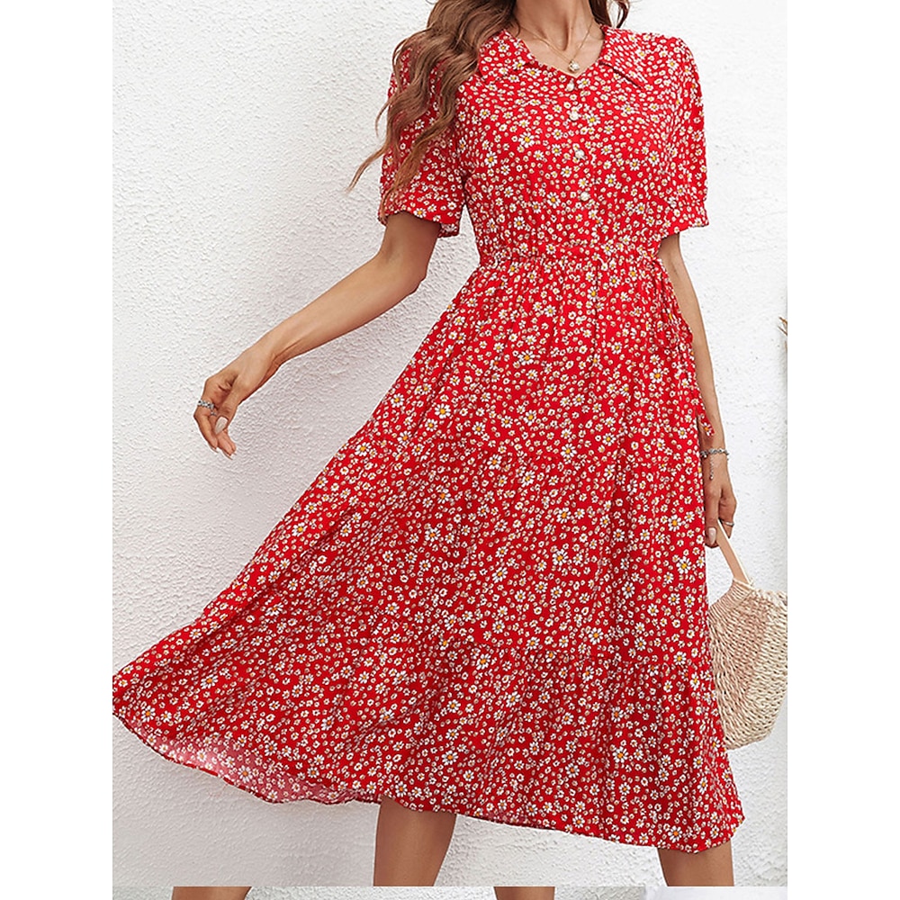 Damen Casual kleid A Linie Kleid Blumenkleid Stilvoll Brautkleider schlicht Urlaub Casual Täglich Regular Fit Blumen Kurzarm Hemdkragen Schwarz Rote Sommer Frühling Lightinthebox