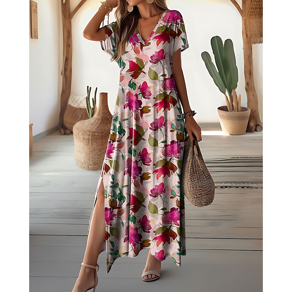 Damen Maxidress Casual kleid A Linie Kleid Stilvoll Brautkleider schlicht Urlaub Täglich Regular Fit Blumen Kurzarm V Ausschnitt Rosa Sommer Frühling Lightinthebox