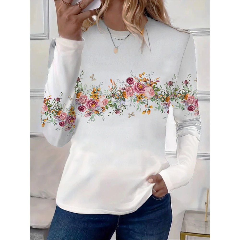 Damen T Shirt Blumen Brautkleider schlicht Langarm Rundhalsausschnitt Normale Oberteile Täglich Bedruckt Weiß Frühling Herbst Lightinthebox