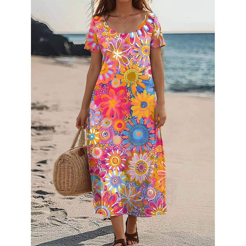 Damen kleid lang Casual kleid Böhmen Urlaub Tropisch Täglich Lockere Passform Blumen Kurzarm Rundhalsausschnitt Orange Sommer Lightinthebox