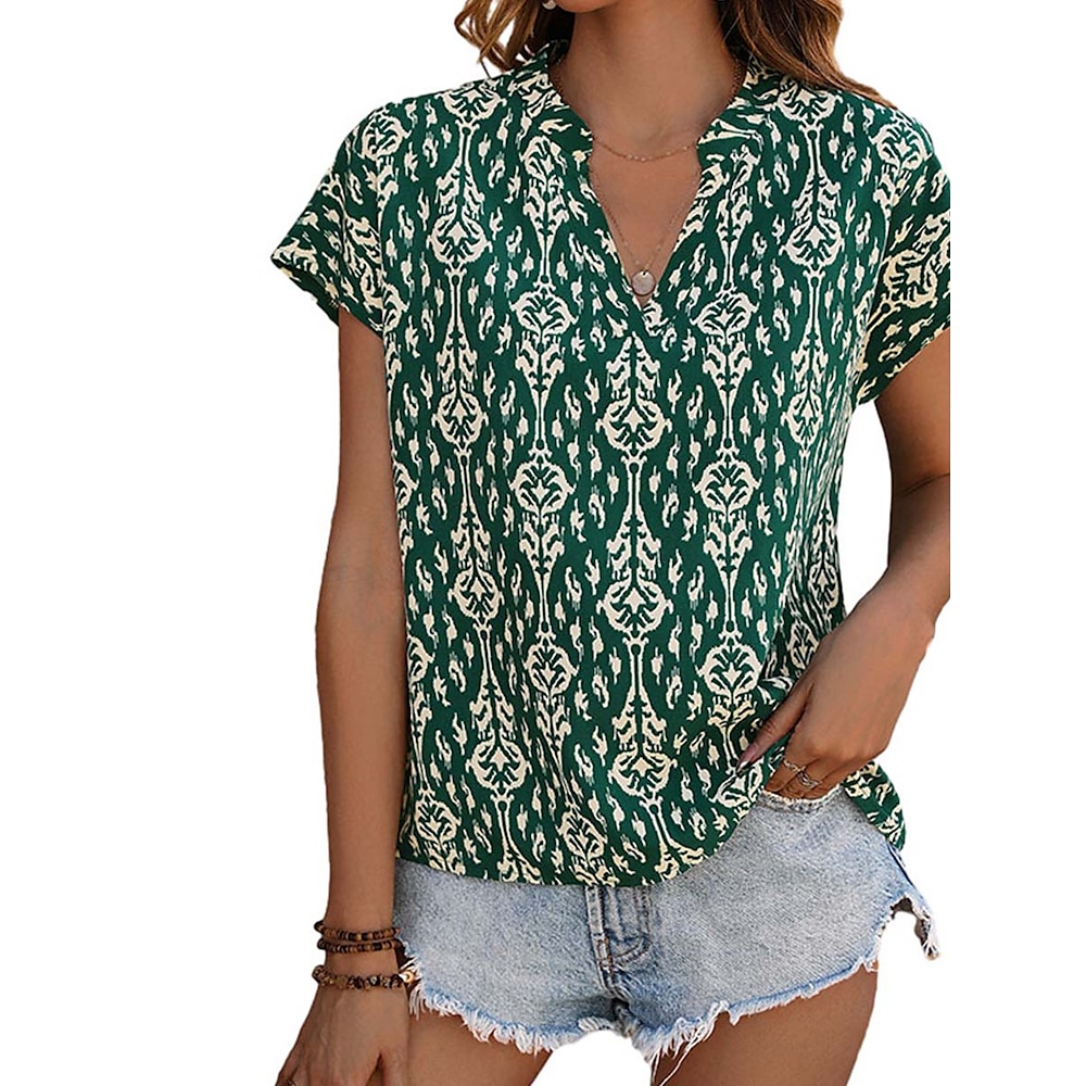 Damen Boho-Shirt Bluse Blumen Hawaiianisch Kurzarm Hemdkragen Normale Oberteile Täglich Festtage Strandbekleidung Grün Sommer Frühling Lightinthebox