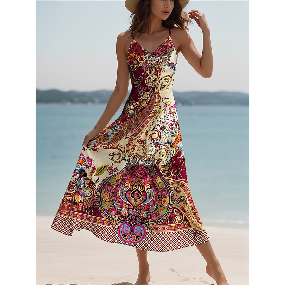 Damen Maxidress Casual kleid A Linie Kleid Urlaub Vintage Ethnisch Täglich Regular Fit Graphic Vintage Böhmische Ärmellos V Ausschnitt Regenbogen Sommer Frühling Herbst Lightinthebox