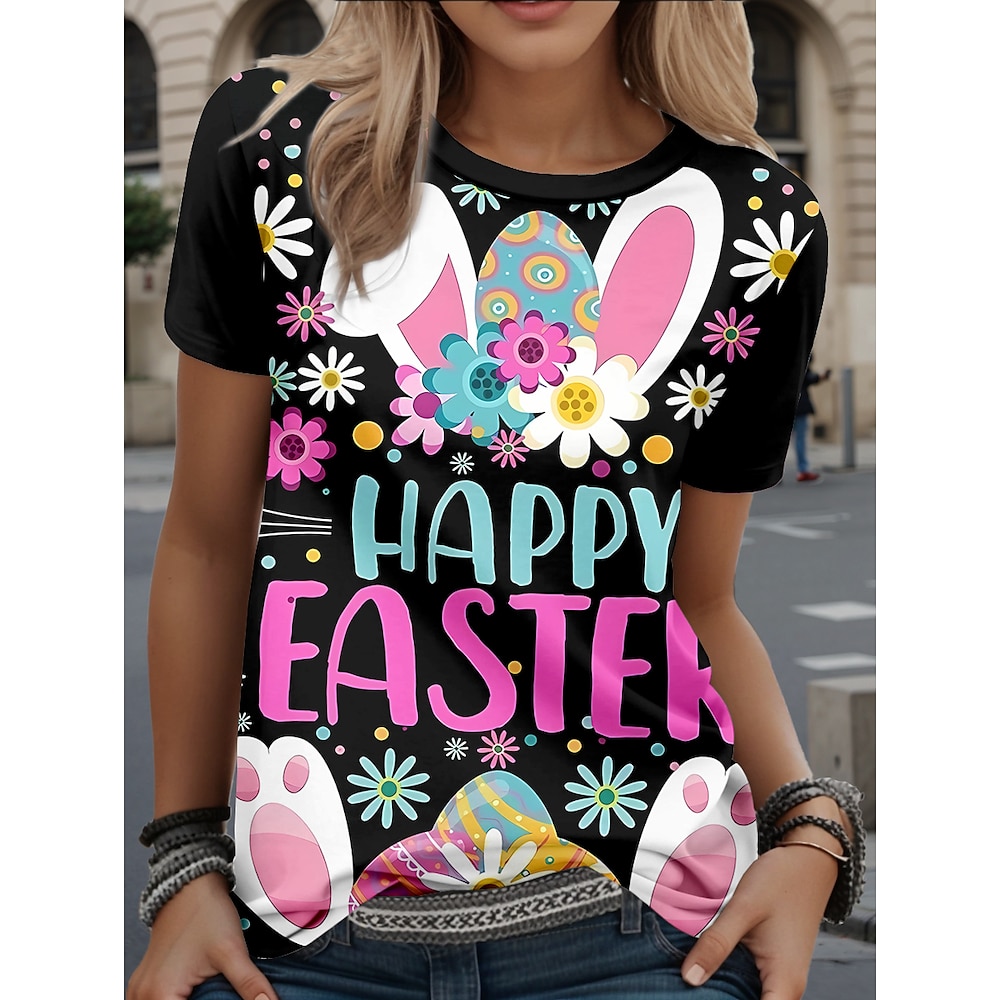 Ostern Damen T Shirt Tier Buchstabe Stilvoll Brautkleider schlicht Kurzarm Rundhalsausschnitt Normale Oberteile Täglich Wochenende Bedruckt Schwarz Sommer Frühling Lightinthebox