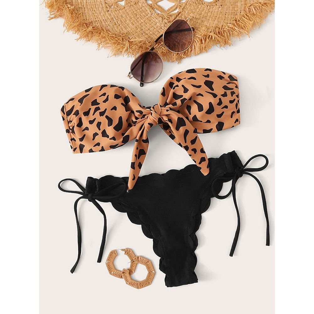 Damen Badeanzug Bikinis 2 Stück Tanga-Bikinihose Bademode Rückenfrei Schlank Urlaub Strandbekleidung Leopard Trägerlos Ärmellos Badeanzüge Lightinthebox