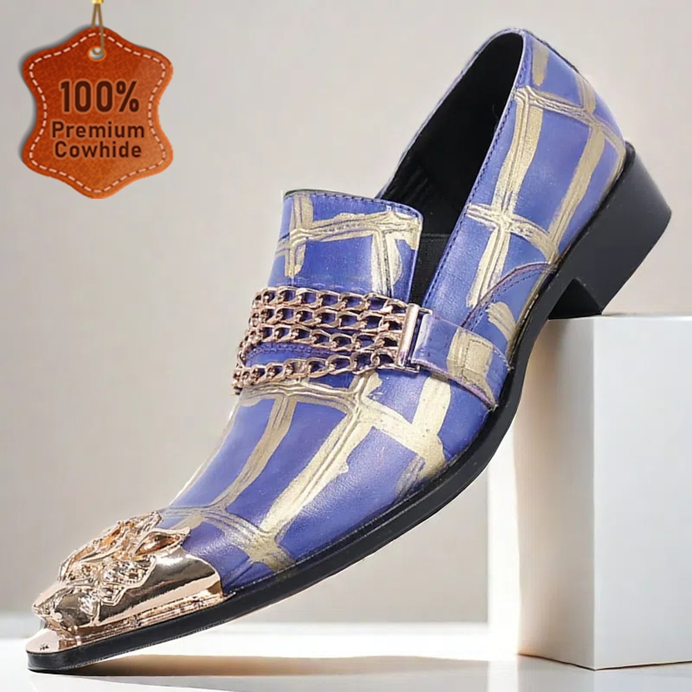 Herren-Loafer aus hochwertigem Rindsleder mit kunstvollem geometrischem Design in Blau und Gold, Kettendetail und metallischem Löwenkopf - luxuriöse Schlupfschuhe für besondere Anlässe und Abendgarderobe Lightinthebox