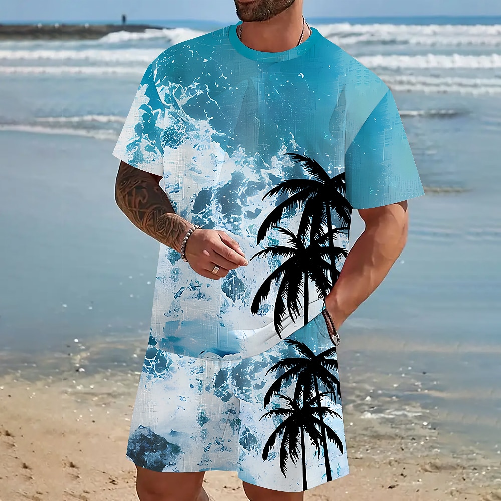 Herren Nautisch Kokusnuss-Palme 2St Sommertops Kurzarm Kurze Hosen T-Shirts-Sets Rundhalsausschnitt Sport Designer Brautkleider schlicht Outdoor Urlaub Täglich Bedruckt Rubinrot Grün Lightinthebox