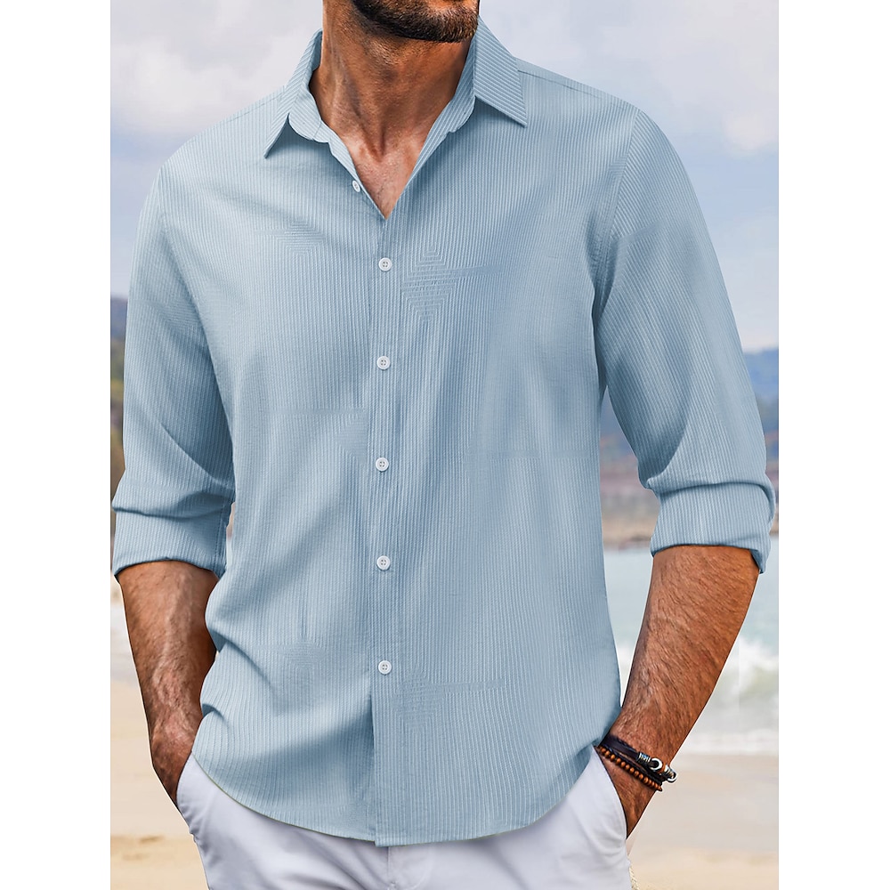 Herren Sommerhemd Lässiges Hemd Strandhemd Knopfhemd Schwarz Weiß Dunkelmarine Himmelblau Grün Langarm Glatt Streifen Kargen Urlaub Festtage Button-Down Bekleidung Polyester Modisch Brautkleider Lightinthebox