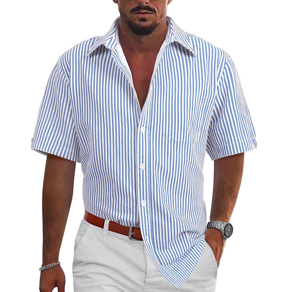 Herren Hemd Sommerhemd Lässiges Hemd Strandhemd Knopfhemd Blau Kurzarm Streifen Kargen Urlaub Hawaiianisch Knopf Bekleidung Polyester Modisch Brautkleider schlicht Komfortabel Lightinthebox