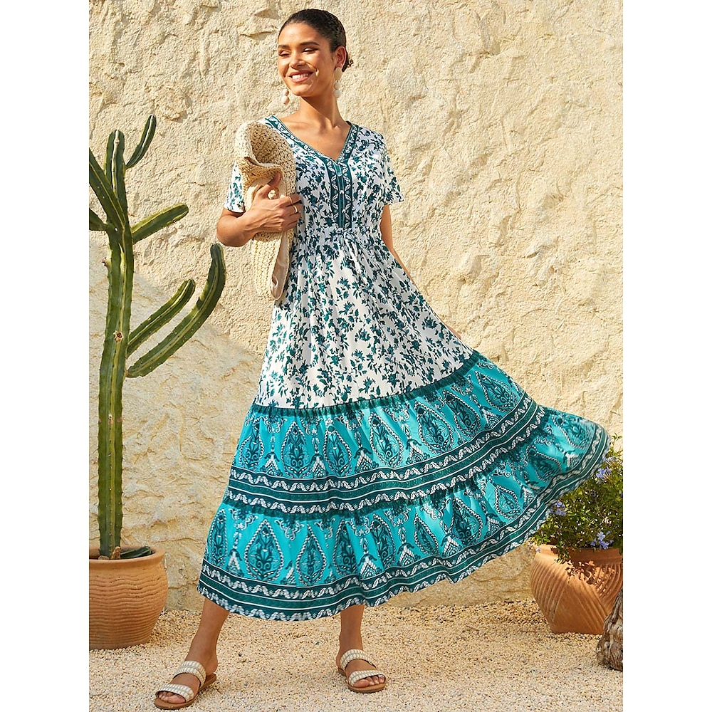 Damen Vintage-Kleid Ethnisches Kleid Boho Chic Kleider Schmetterling Ärmel Elegant Böhmen Vintage Regular Fit Blumen Graphic Kurzarm V Ausschnitt Grün Sommer Lightinthebox