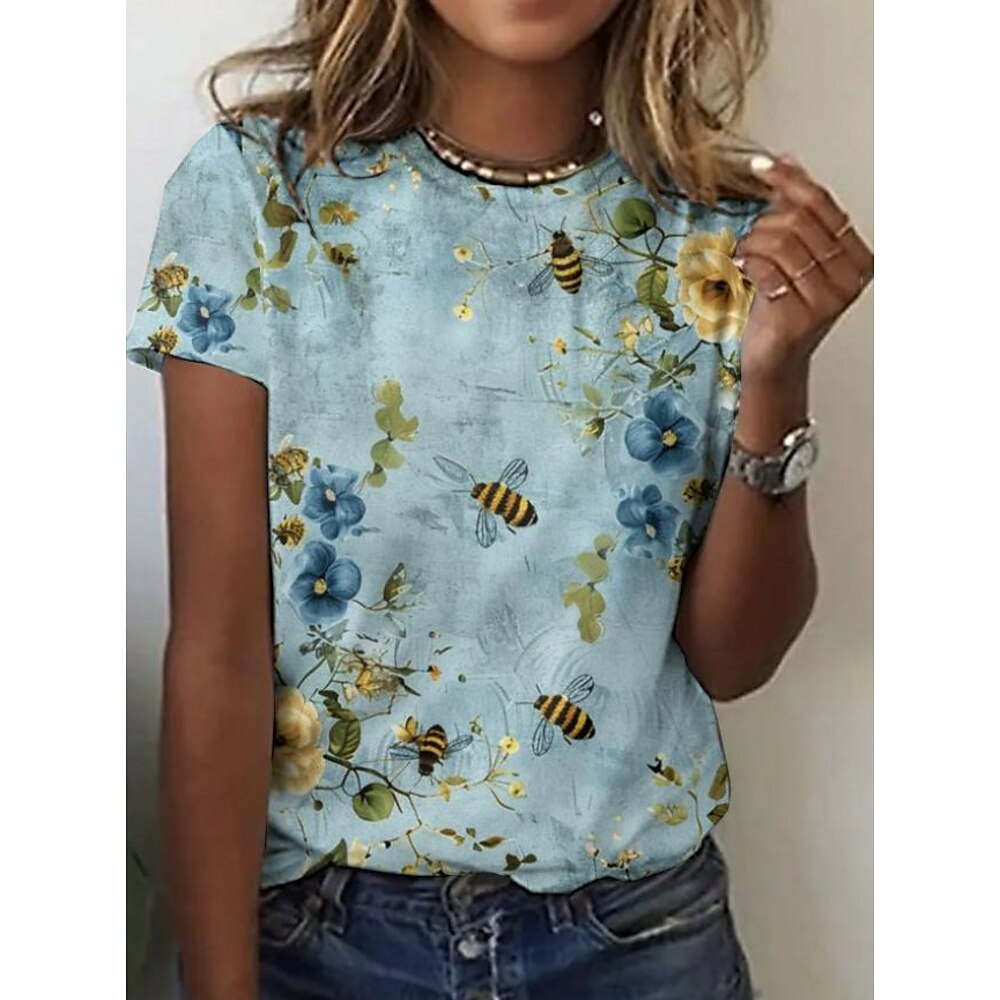 Damen T Shirt Rose Blumen Graphic Elegant Vintage Modisch Kurzarm Rundhalsausschnitt Normale Oberteile Täglich Ausgehen Wochenende Bedruckt Leicht Blau Sommer Lightinthebox