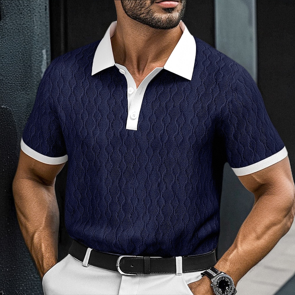 Herren Rippstrick-Oberteil Golf Poloshirts Arbeit Casual Kargen Gerippter Polokragen Kurzarm Basic Modern Farbblock Knopf Strick Frühling Sommer Regular Fit Weiß Marineblau Grün Grau Lightinthebox