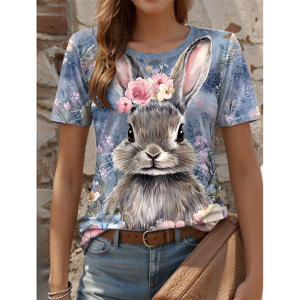 Ostern Damen T Shirt Blumen Tier Brautkleider schlicht Kurzarm Rundhalsausschnitt Normale Oberteile Täglich Bedruckt Blau Sommer Lightinthebox