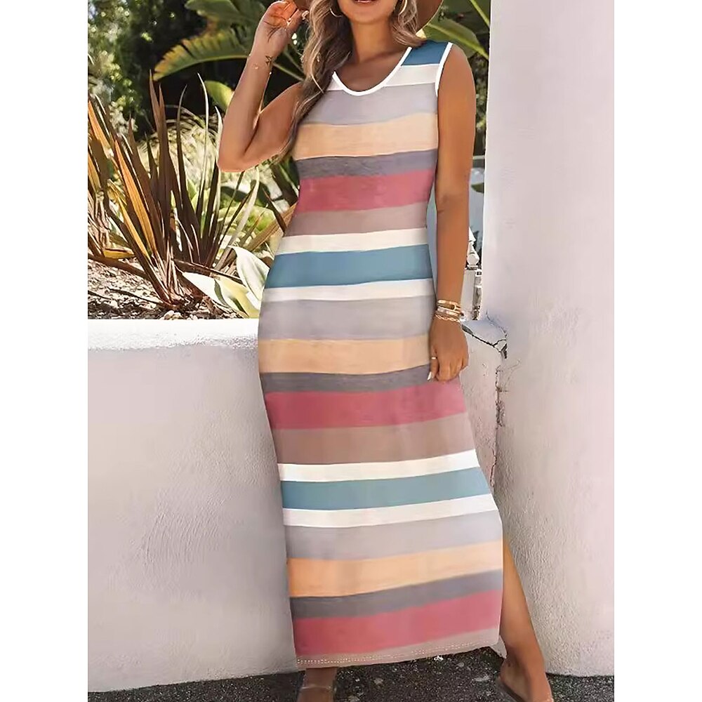 Damen Maxidress Etuikleid skims dress Schulterfreies Kleid Brautkleider schlicht Urlaub Casual Täglich Regular Fit Graphic Ärmellos Rundhalsausschnitt Regenbogen Sommer Lightinthebox