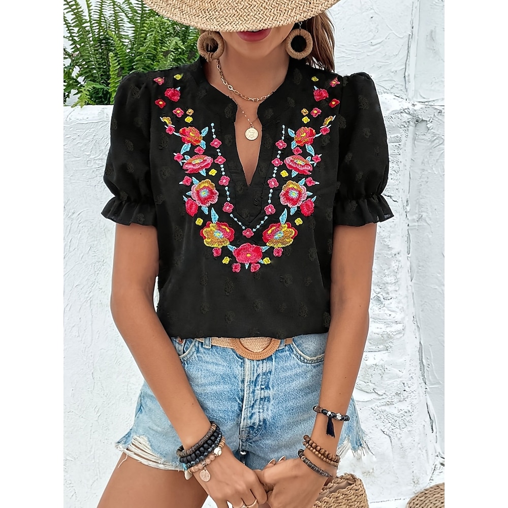 Damen T Shirt Blumen Modisch Modern Brautkleider schlicht Kurzarm Gekerbter Hals Normale Oberteile Täglich Wochenende Rüsche Patchwork Bestickt Schwarz Sommer Lightinthebox