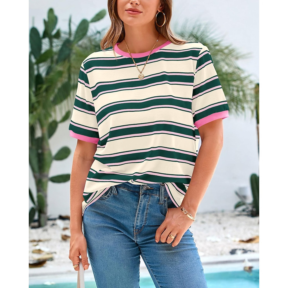 Damen Boho-T-Shirt Gestreift Böhmen Kuschelig Stilvoll Kurzarm Puffärmel Rundhalsausschnitt Normale Oberteile Täglich Ausgehen Wochenende Schwarz Blau Dunkelgrün Purpur Sommer Lightinthebox