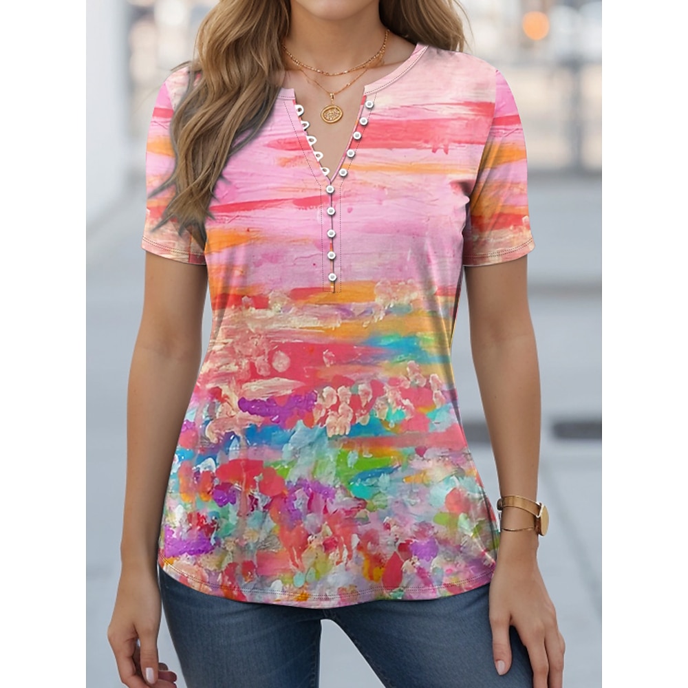 Damen T Shirt Farbverlauf Blumen Basic Kurzarm Rundhalsausschnitt Normale Oberteile Täglich Knopf Bedruckt Rosa Sommer Frühling Herbst Lightinthebox