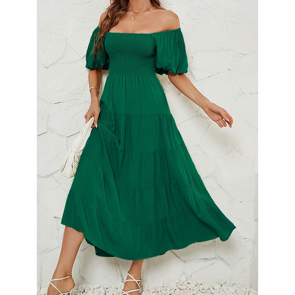 Damen Midikleid A Linie Kleid Milchmädchen-Kleid Schulterfreies Kleid Kleid mit Puffärmeln Urlaub Urlaub Täglich Regular Fit Glatt Ärmellos V Ausschnitt Schwarz Hellgrün Rosa Blau Sommer Lightinthebox