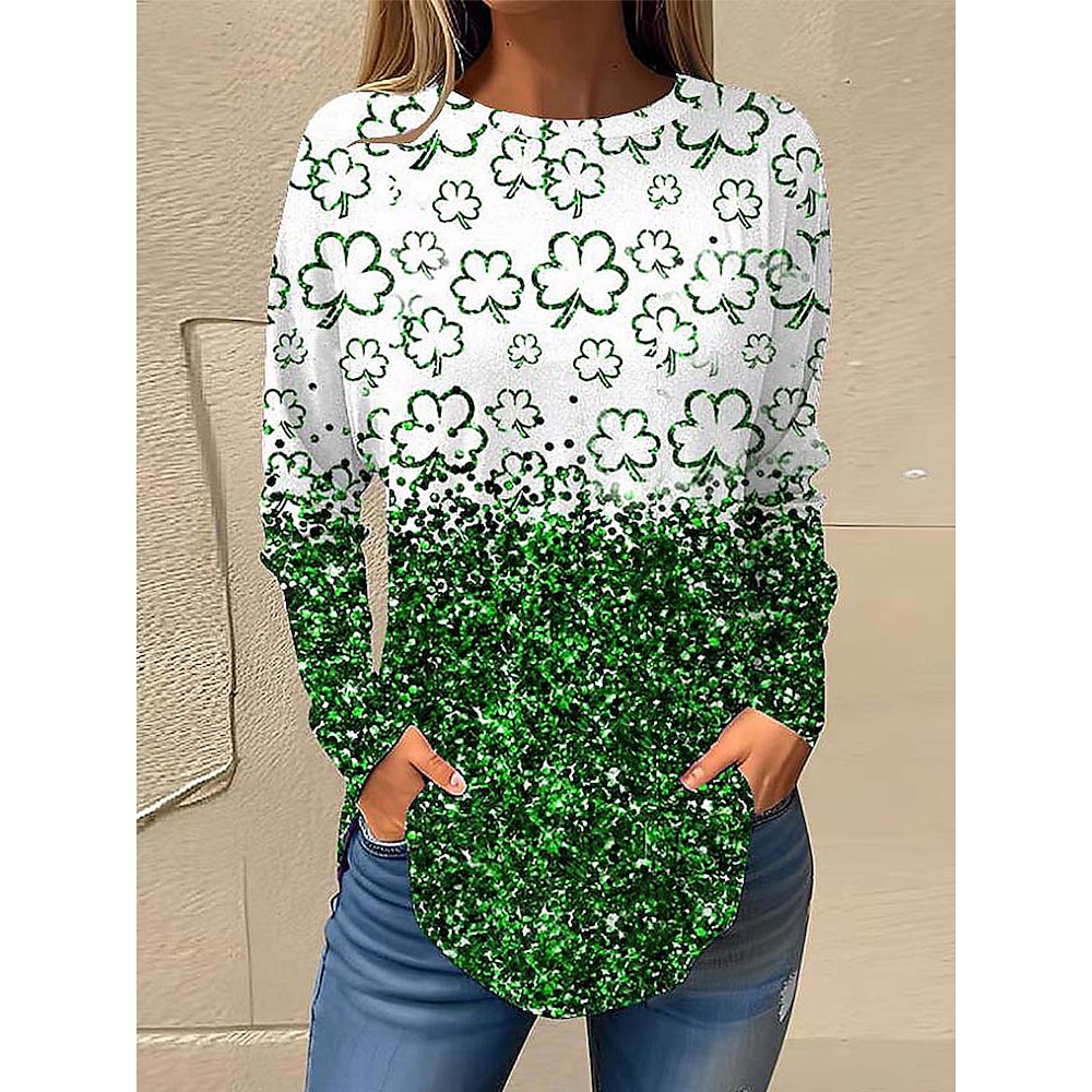 St. Patrick Damen T Shirt Kleeblatt Modisch Langarm Rundhalsausschnitt Normale Oberteile Täglich Wochenende Bedruckt Grün Sommer Frühling Lightinthebox