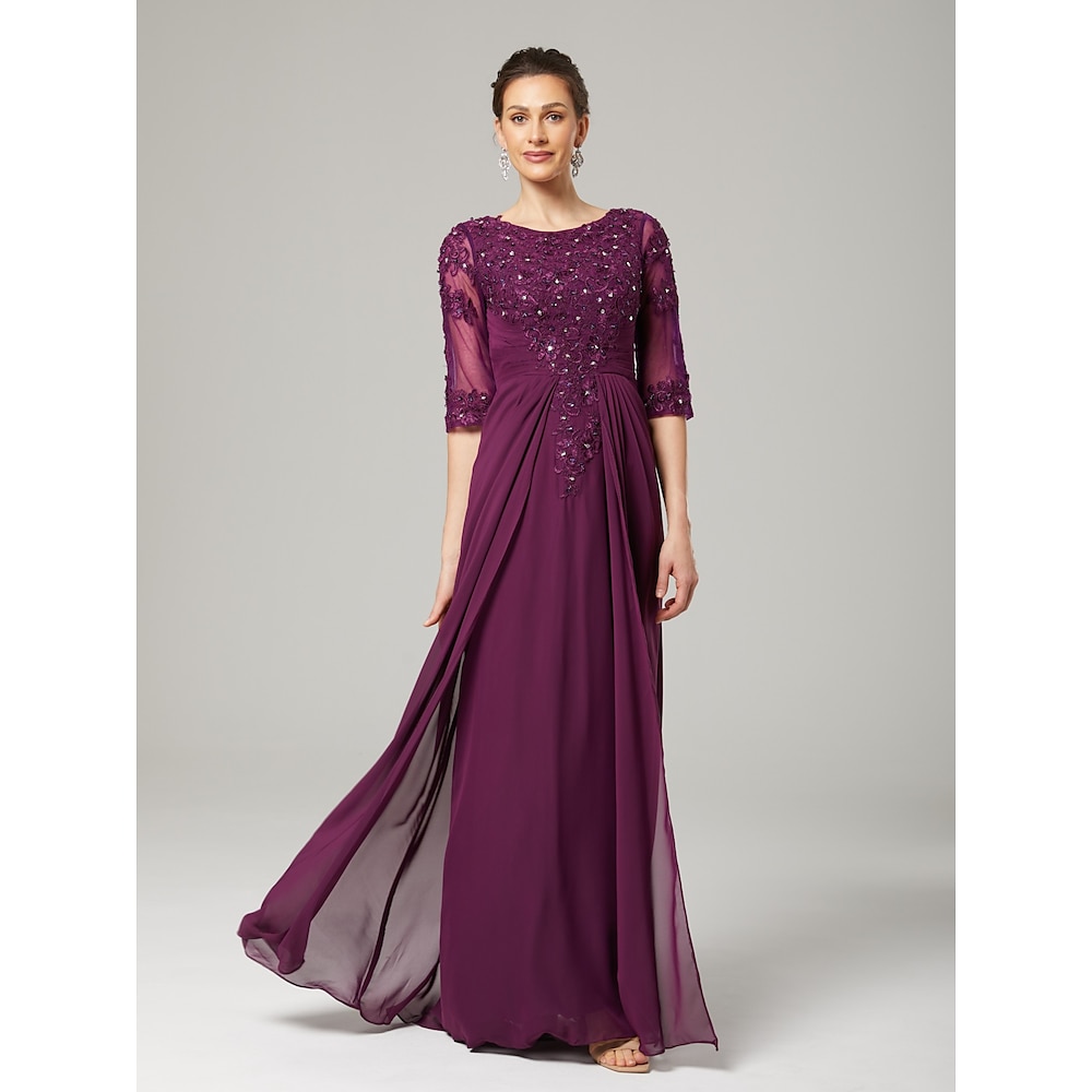 Eng anliegend Brautmutterkleid Formal kleid hochzeitsgast Elegant Strahlend Funkelnd Schmuck Asymmetrisch Boden-Länge Chiffon Spitze 3/4 Ärmel mit Paillette Applikationen 2025 Lightinthebox