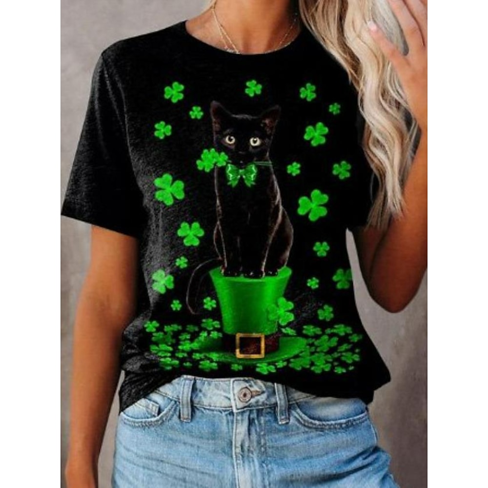 St. Patrick's Day Damen T-Shirt Floral Tier Shamrock Elegant Bohemia Vintage Kurzarm Rundhals Regelmäßige Oberteile Täglicher Wochenend Druck Schwarz Sommer Lightinthebox