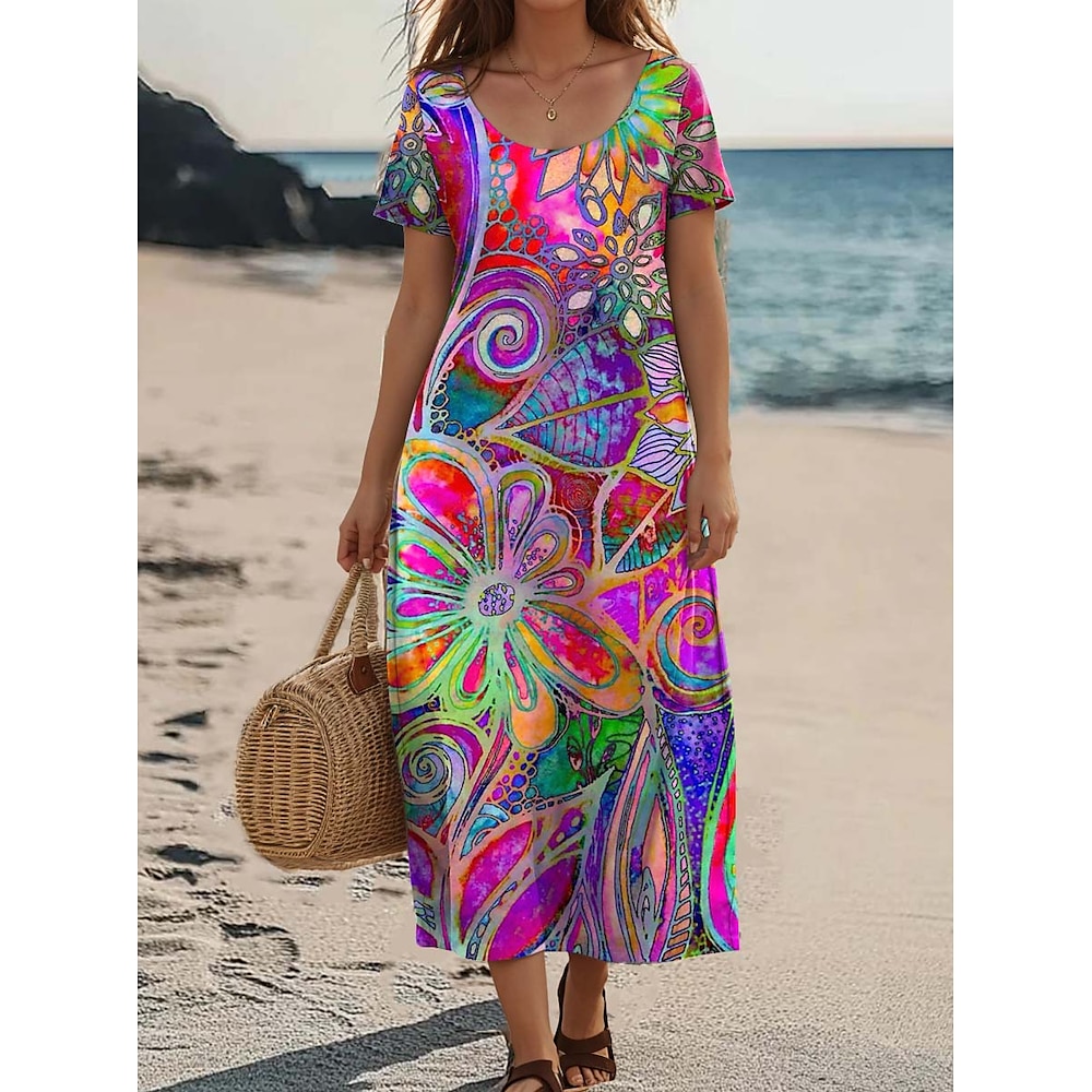 Damen kleid lang Casual kleid Brautkleider schlicht Täglich Lockere Passform Blumen Kurzarm Rundhalsausschnitt Magenta Sommer Lightinthebox