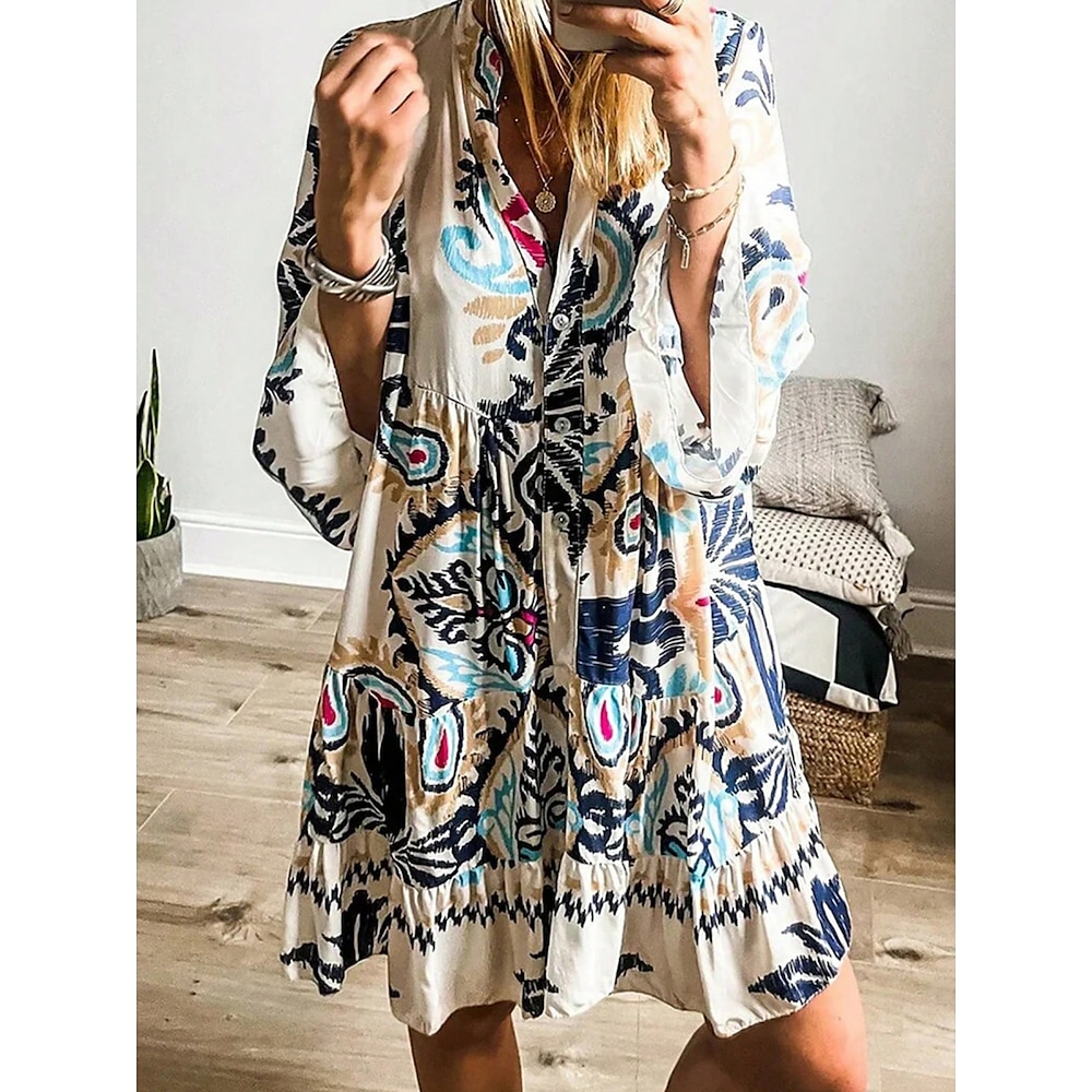 Damen Casual kleid Boho-Kleid Böhmen Vintage Ethnisch Urlaub Täglich Regular Fit Blumen Langarm V Ausschnitt Blau Sommer Frühling Lightinthebox