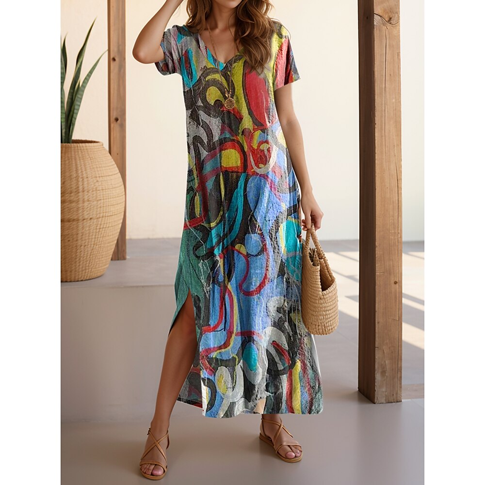 Damen Maxidress Casual kleid A Linie Kleid Stilvoll Brautkleider schlicht Urlaub Täglich Regular Fit Geometrisch Kurzarm V Ausschnitt Colourful Sommer Frühling Lightinthebox