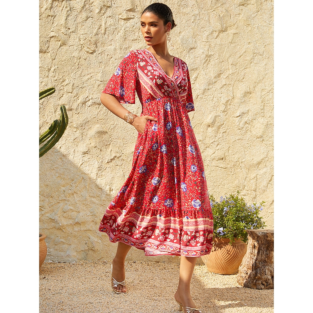 Damen Casual kleid A Linie Kleid Boho-Kleid Böhmen Urlaub Brautkleider schlicht Urlaub Täglich Festtage Regular Fit Blumen Halbe Ärmel V Ausschnitt Rote Sommer Lightinthebox