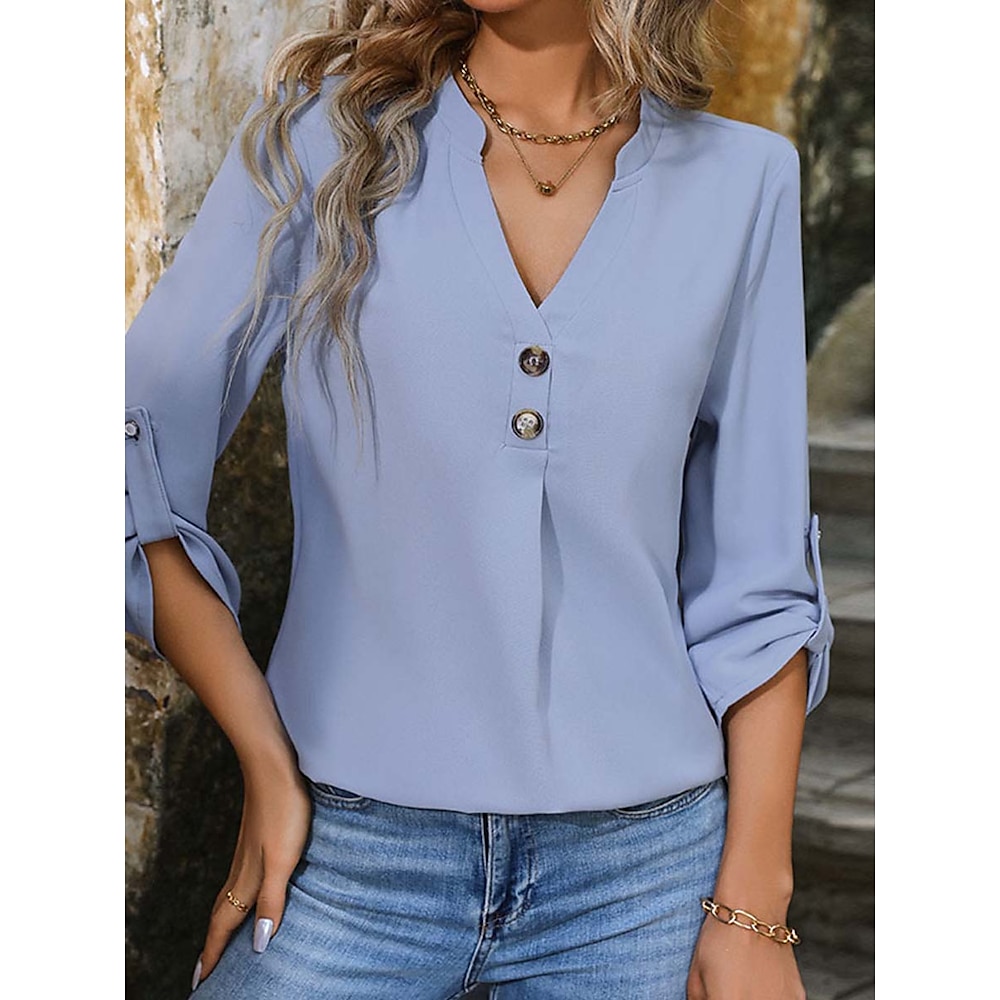 Damen Hemd Bluse Glatt Semi -formelle Kleidung Halbe Ärmel V Ausschnitt Normale Oberteile Business-Kleidung Blau Sommer Frühling Lightinthebox