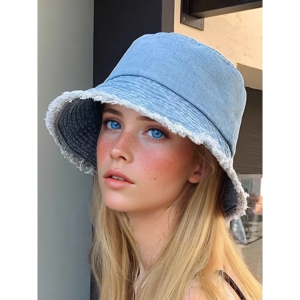 Lässiger Denim-Bucket-Hut für Damen - ausgefranster Rand, weich und bequem, stylischer Sommerhut für den Alltag, den Strand und Outdoor-Aktivitäten Lightinthebox