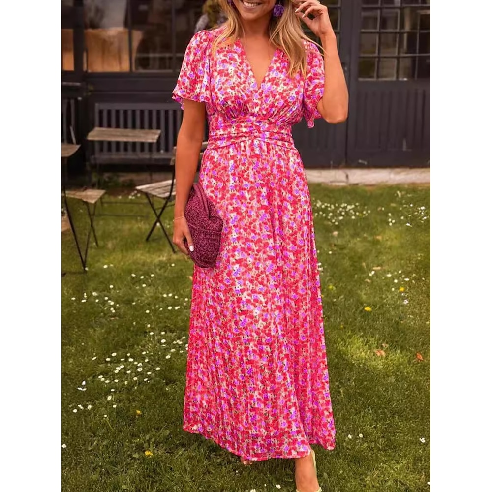 Damen A Linie Kleid Blumenkleid Stilvoll Brautkleider schlicht Urlaub Casual Täglich Regular Fit Blumen Kurzarm V Ausschnitt Rosa Blau Orange Grün Sommer Frühling Lightinthebox