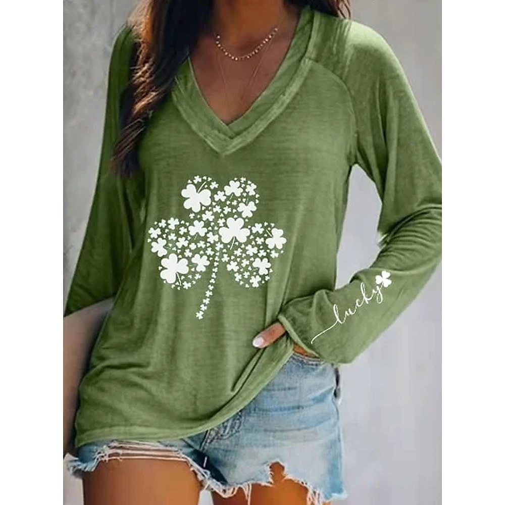 St. Patrick Damen T Shirt Graphic Modisch Modern Brautkleider schlicht Langarm V Ausschnitt Normale Oberteile Täglich Wochenende Bedruckt Grün Herbst Winter Lightinthebox