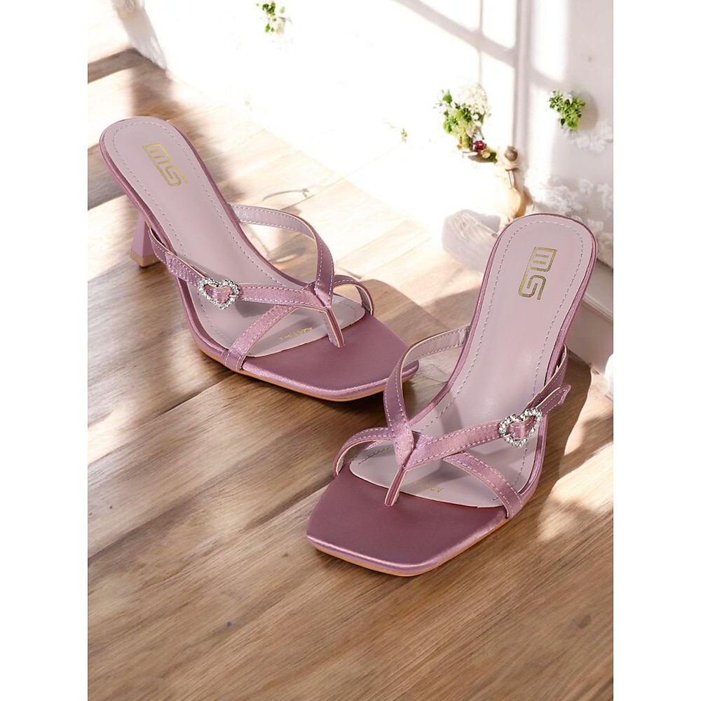 lilafarbene Satin-Sandalen mit Absatz für Damen - elegante Herzschnalle, quadratische Zehenpartie, perfekt für den Abend und besondere Anlässe Lightinthebox