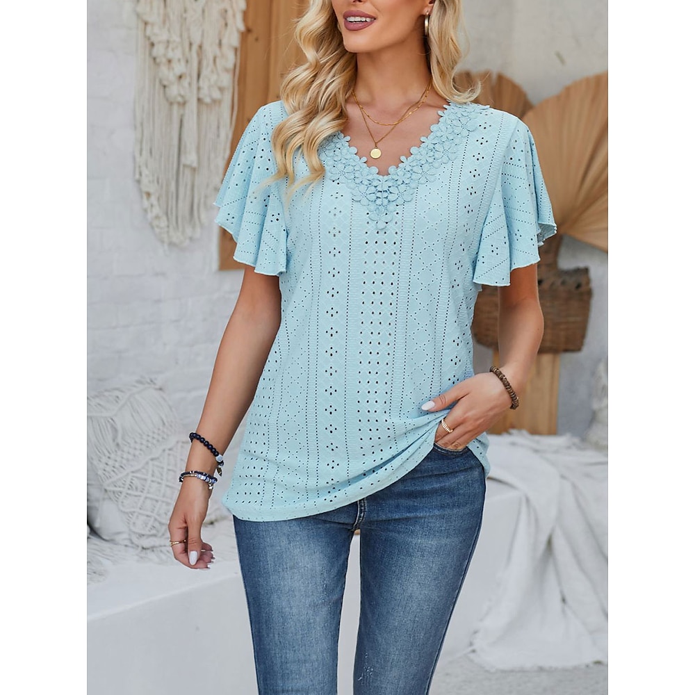 Damen T Shirt Glatt Modisch Modern Brautkleider schlicht Kurzarm V Ausschnitt Normale Oberteile Täglich Ausgehen Wochenende Rüsche Weiß Rosa Blau Purpur Sommer Frühling Lightinthebox