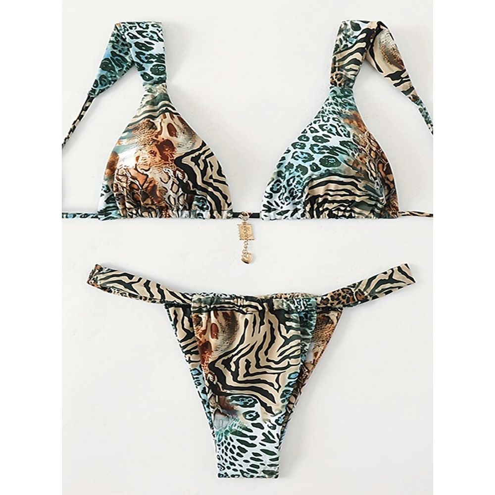 Damen Badeanzug Bikinis 2 Stück Tanga-Bikinihose Bademode Rückenfrei Schlank Urlaub Strandbekleidung Leopard V Ausschnitt Ärmellos Badeanzüge Lightinthebox