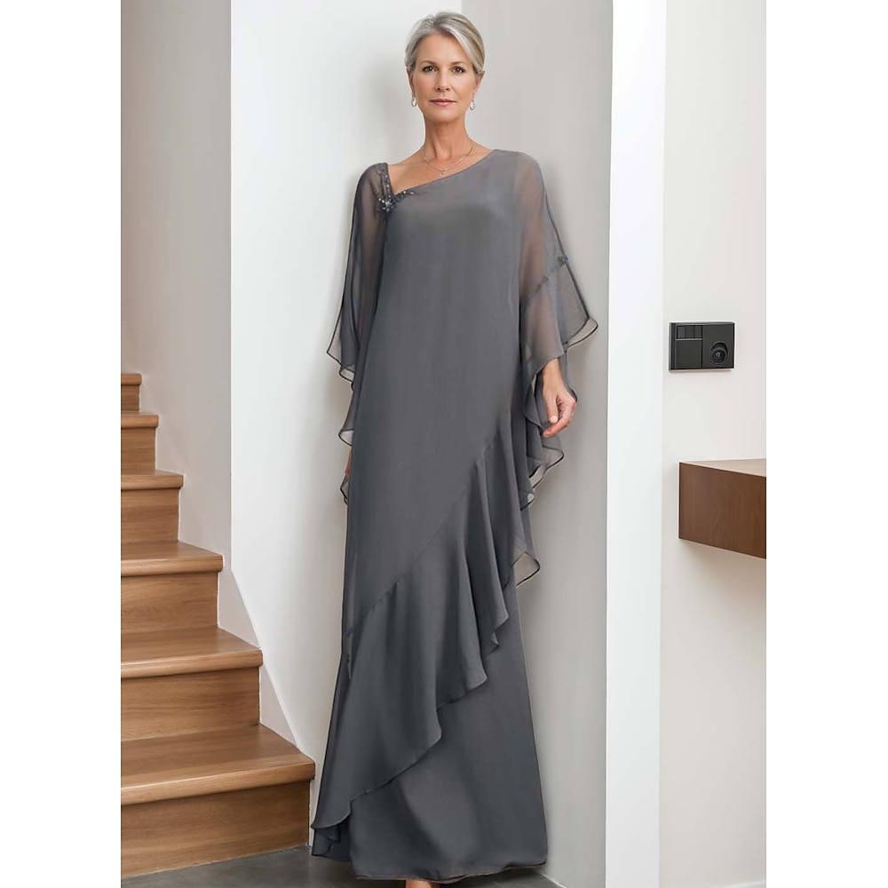 Etuikleid/Säulenkleid für die Mutter der Braut, elegant, Vintage, schlicht, asymmetrischer Ausschnitt, bodenlang, Chiffon, lange Ärmel, mit Perlenbesatz, Rüschen, kaskadierende Rüschen 2025 Lightinthebox