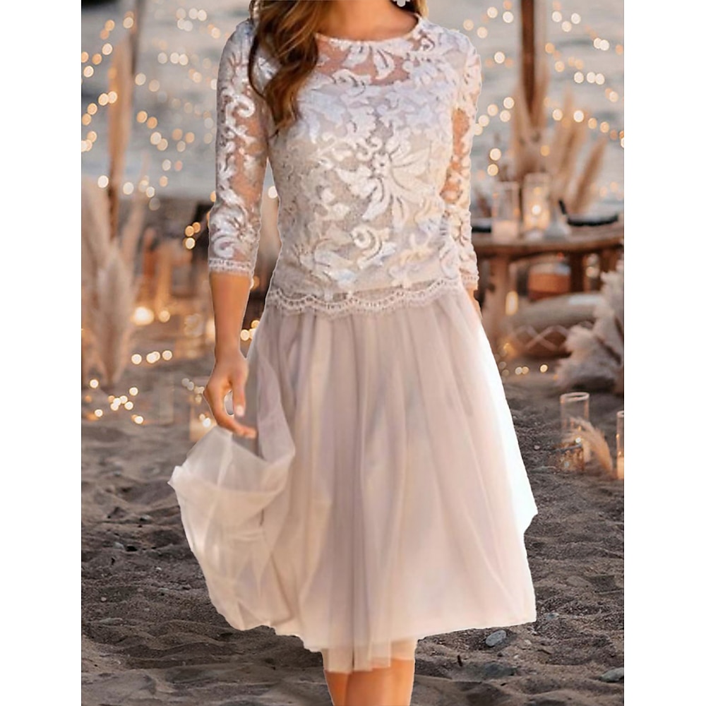 A-Linie Brautmutterkleid kleid hochzeitsgast Elegant Durchschauen Schmuck Knie-Länge Chiffon Spitze Tüll 3/4 Ärmel mit Plissee Applikationen 2025 Lightinthebox