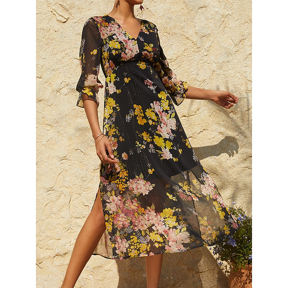 Damen Midikleid schwarzes kleid Chiffon-Kleid Elegant Vintage Stilvoll Puffärmel Urlaub Casual Lockere Passform Blumen 3/4 Ärmel V Ausschnitt Schwarz Sommer Frühling Lightinthebox