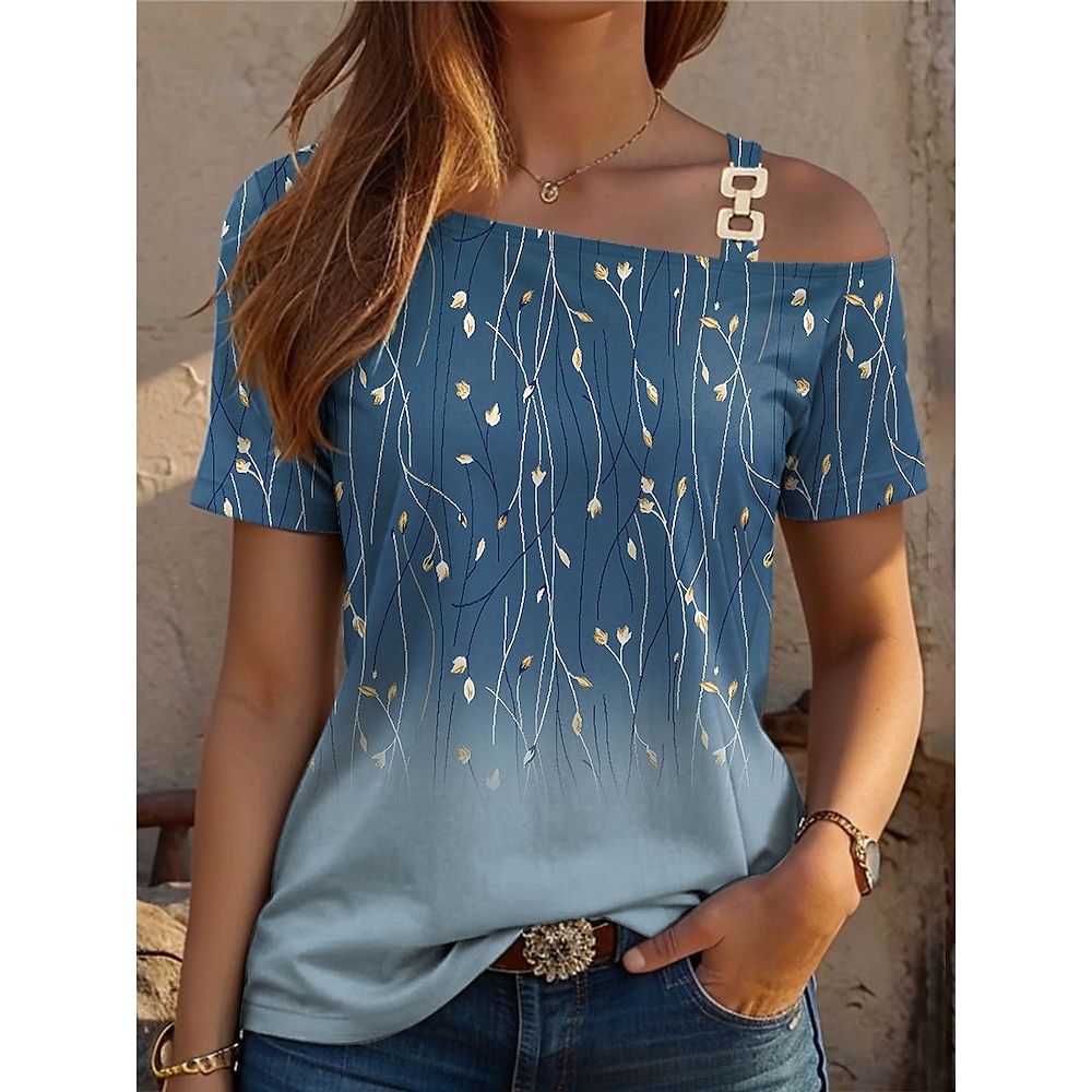 Damen T Shirt Blumen Brautkleider schlicht Kurzarm Ein-Schulter Normale Oberteile Täglich Bedruckt Blau Sommer Lightinthebox