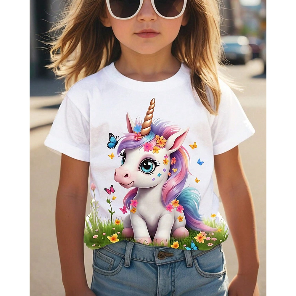 Mädchen 3D Graphic Einhorn T-Shirt Kurzarm Sommer Frühling Modisch Basic kinderkleidung 4-12 Jahre Rundhalsausschnitt Outdoor Casual Täglich Regular Fit Lightinthebox