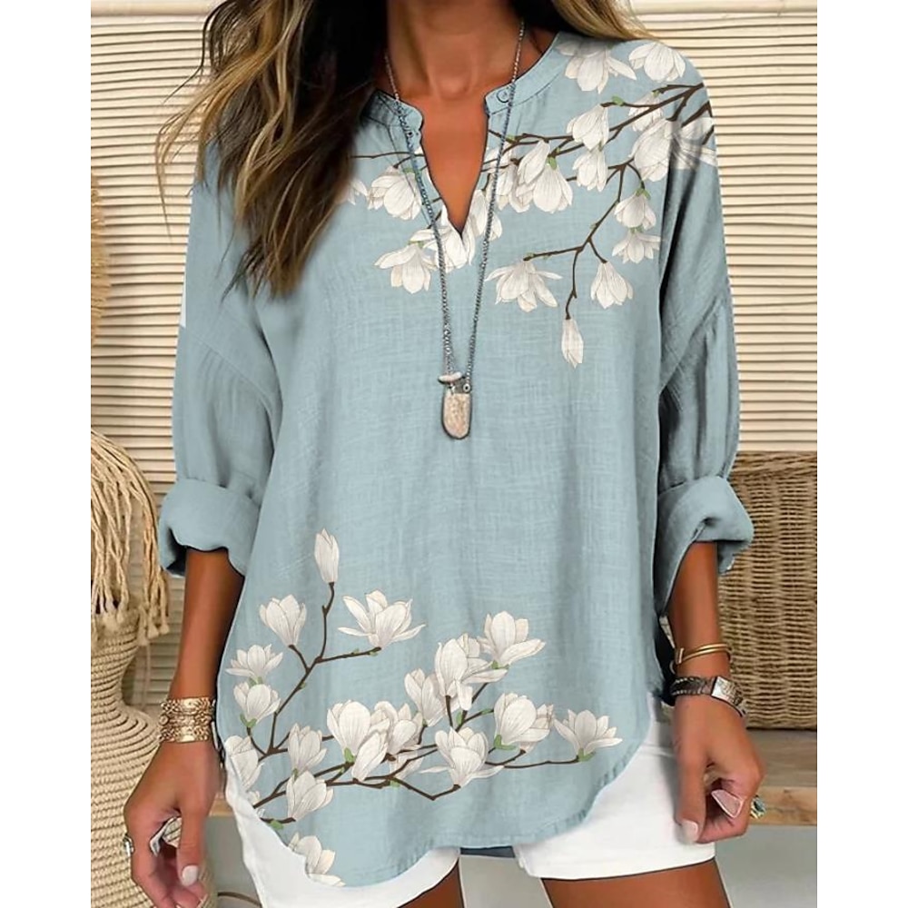 Damen Hemd Hemd aus Baumwollleinen Bluse Blumen Hawaiianisch Basic Brautkleider schlicht Langarm V Ausschnitt Normale Oberteile Täglich Festtage Knopf Bedruckt Blau Sommer Frühling Lightinthebox