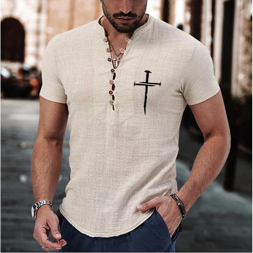 Herren Hemd Popover-Shirt Sommerhemd Lässiges Hemd Strandhemd Knopfhemd Wein Kaki Grau Kurzarm Klassisch Kreuz Stehkragen Henley Urlaub Hawaiianisch Schnalle Bekleidung Modisch Brautkleider schlicht Lightinthebox