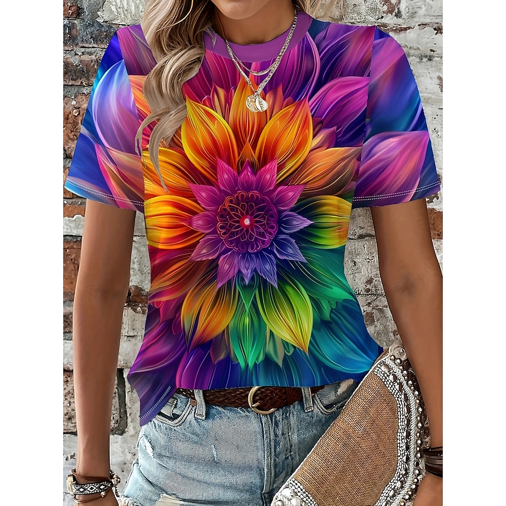 Damen T Shirt Bühnenlicht vielfarbig Brautkleider schlicht Kurzarm Rundhalsausschnitt Normale Oberteile Täglich Bedruckt Purpur Sommer Lightinthebox