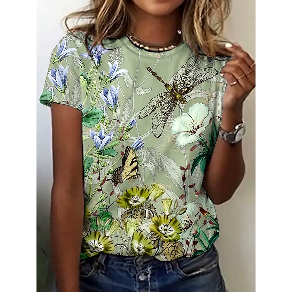 Damen T Shirt Blumen Graphic Tier Elegant Vintage Modisch Kurzarm Rundhalsausschnitt Normale Oberteile Täglich Wochenende Urlaubskleidung Bedruckt Hellgrün Sommer Lightinthebox