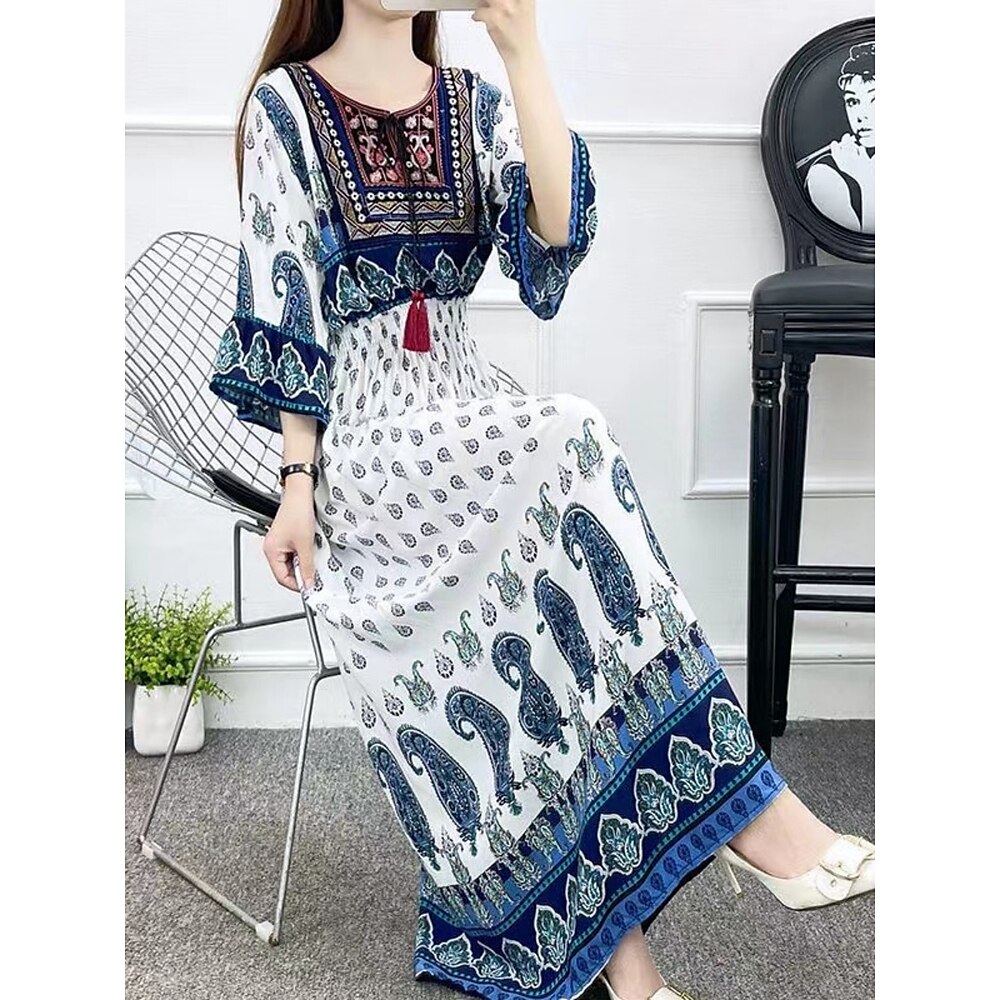 Damen Casual kleid Schaukelkleid A Linie Kleid Boho-Kleid Böhmen Vintage Ethnisch Urlaub Täglich Regular Fit Blumen 3/4 Ärmel V Ausschnitt Rote Marineblau Blau Fuchsie Sommer Lightinthebox