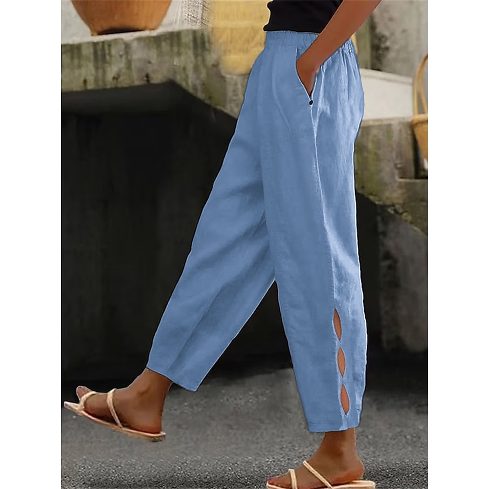 Damen Hose aus Baumwollleinen Chinesisch Chino Modisch Strassenmode Knöchellänge Hoher Taillenbund Glatt Tasche Elastischer Bund Bequem Weich Komfortabel Mikro-elastisch Outdoor Strasse Rubinrot Wei Lightinthebox